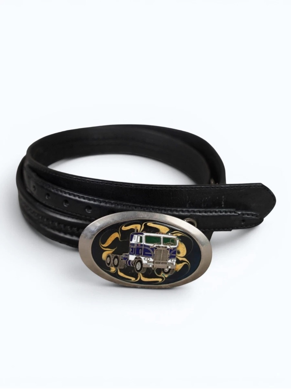 Tony Lama 7733L Black Leather Ranger Belt Sz 42 W/Vintage Semi Truck Belt Buckle
